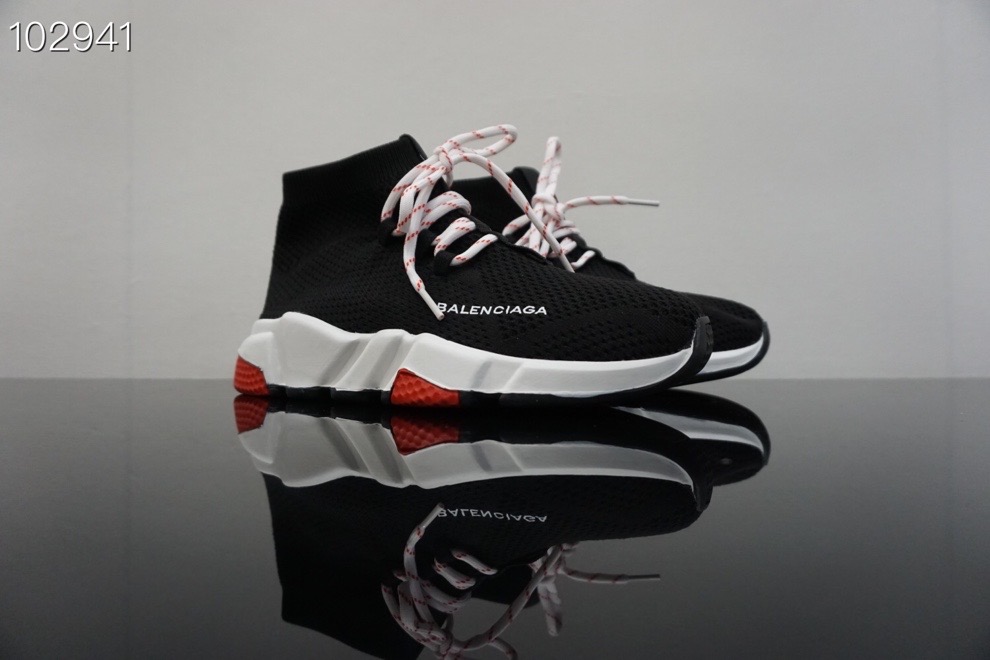 Balenciaga Speed Lace-Up Sneaker in black knit, white, red and black sole unit 587289W17211019
